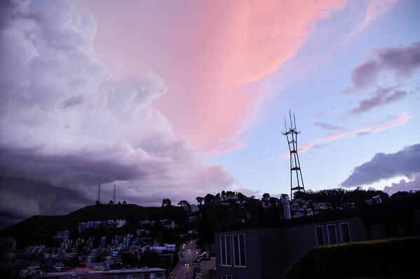 San Francisco Art Print featuring the photograph Sutro Tower with Purple clouds by Erik Burg