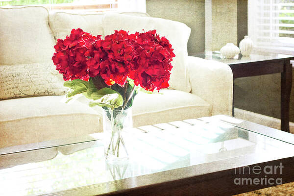Red Art Print featuring the photograph Table with Red Flowers by Maria Janicki