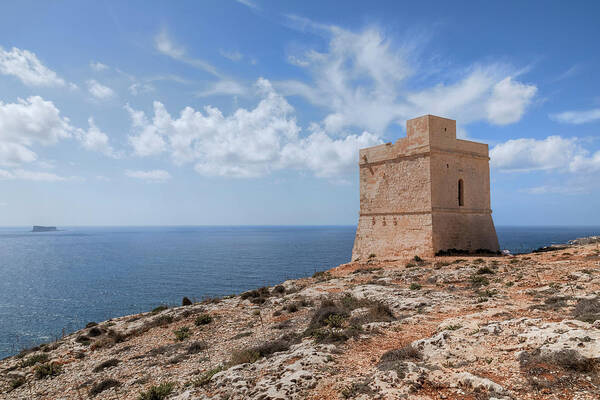 Tal-hamrija Coastal Tower Art Print featuring the photograph Tal-Hamrija Coastal Tower - Malta by Joana Kruse
