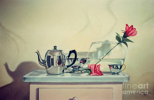 Rose Art Print featuring the painting Teapot and roses on stand by Christopher Shellhammer