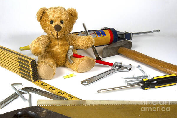 Construction Art Print featuring the photograph Teddy bear repairman by Karen Foley
