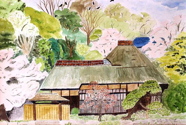 Kanazawa Hakkei Art Print featuring the painting Thatched Japanese House by Vera Smith