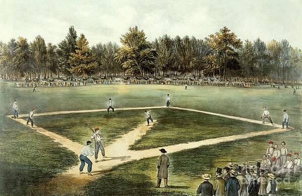 The Art Print featuring the painting The American National Game of Baseball Grand Match at Elysian Fields by Currier and Ives