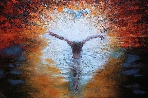 Baptism Art Print featuring the painting The Baptism of the Christ with Dove by Daniel Bonnell