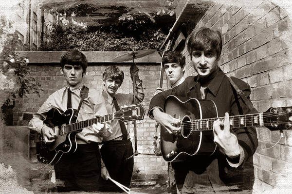 The Beatles Art Print featuring the painting The Beatles In London 1963 Sepia Painting by Tony Rubino