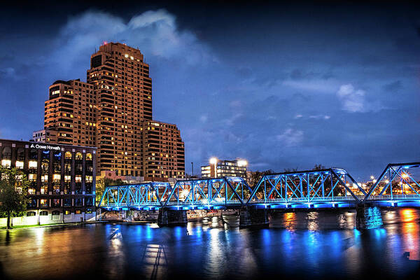 Bridge Art Print featuring the photograph The Blue Walking Bridge at Night in Grand Rapids by Randall Nyhof