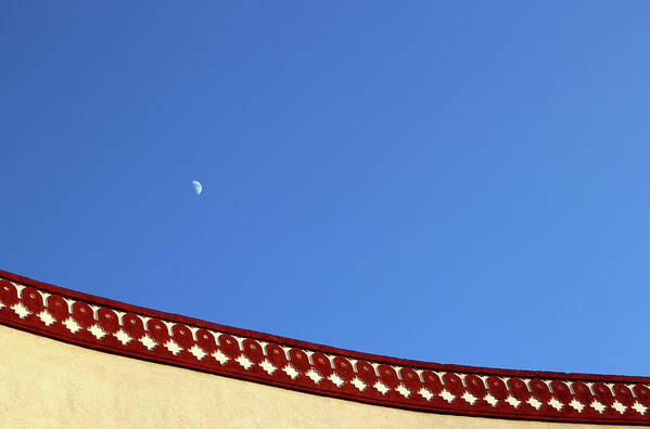 Small Objects Art Print featuring the photograph The Distant Daytime Half Moon with Blue Sky Background by Prakash Ghai