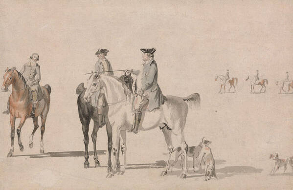 Paul Sandby Art Print featuring the painting The Duke of Cumberland with a Gentleman and a Groom, all mounted, and Dogs by Paul Sandby