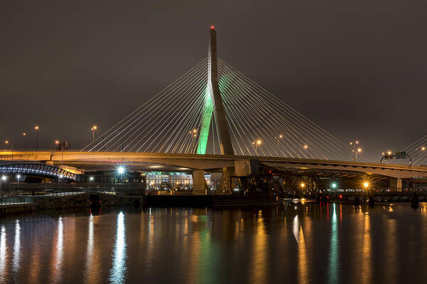Boston Art Print featuring the photograph The Leonard P Zakim bridge lit up in green for St Patrick's Day Reflection by Toby McGuire