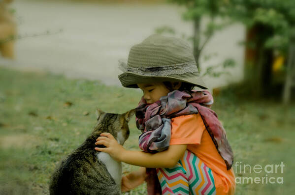 Michelle Meenawong Art Print featuring the photograph The Little Girl And Her Cat by Michelle Meenawong