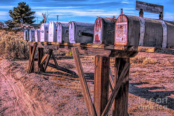 Mailboxes; Row Of Mailboxes; Mojave Desert; Colorful; Blue; Red; Yellow; Brown; Green; Trees; Joe Lach Art Print featuring the photograph The Mailboxes by Joe Lach