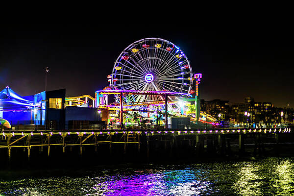 Santa Monica Ferris Wheel Art Print featuring the photograph The Pacific Wheel And Reflections by Gene Parks