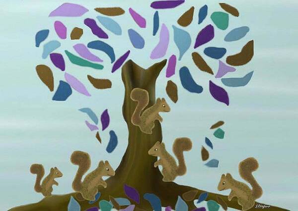 Squirrel Squirrels Trees Tree Treehouse Leaves Colorful Purple Blue Animals Leaves Play Kids Children Gather Nature Landscape Sky Design Art Fun Whimsical Oak Playing Art Print featuring the painting The Squirrels Treehouse by Sher Magins