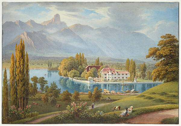 Mathias Gabriel Lory Art Print featuring the drawing Thun Surroundings Schadau by Mathias Gabriel Lory