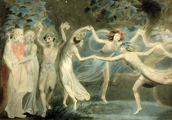 William Blake 1757–1827  Oberon Art Print featuring the painting Titania and Puck with Fairies Dancing by William Blake