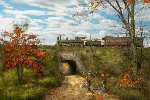 Locomotive Art Print featuring the photograph Train - Arlington NJ - Enjoying the Autumn Day - 1890 by Mike Savad