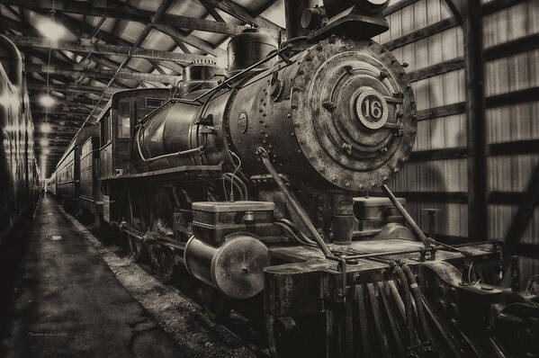 Trains Art Print featuring the mixed media Trains Ancient Iron Engine 16 Sepia by Thomas Woolworth