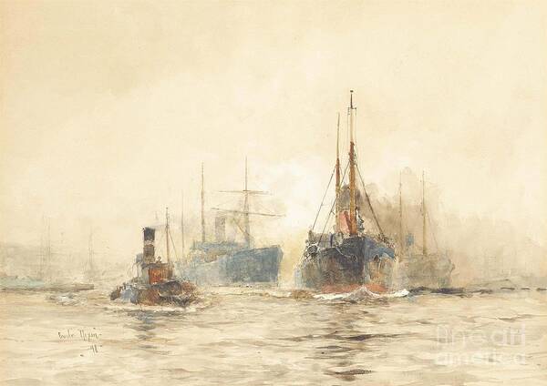 Charles Edward Dixon Art Print featuring the painting Tramp steamers in the Thames estuary by MotionAge Designs