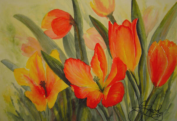 Spring Tulips Art Print featuring the painting Tulips by Jo Smoley