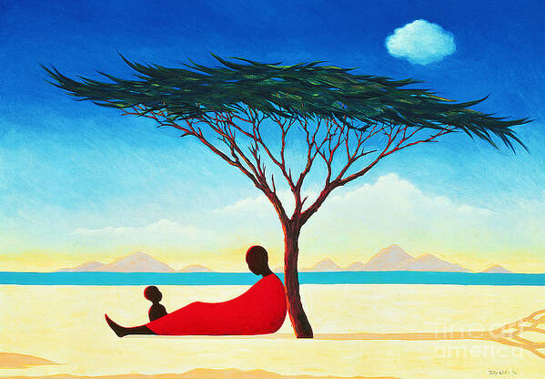 Landscape; Heat; Mother And Child; Resting; Negress; Shadow; Shade; Cloud; Peaceful; Calm; African; Africa; Afternoon; Woman; Blue Sky; Mountain; Mountains; Tree Art Print featuring the painting Turkana Afternoon by Tilly Willis