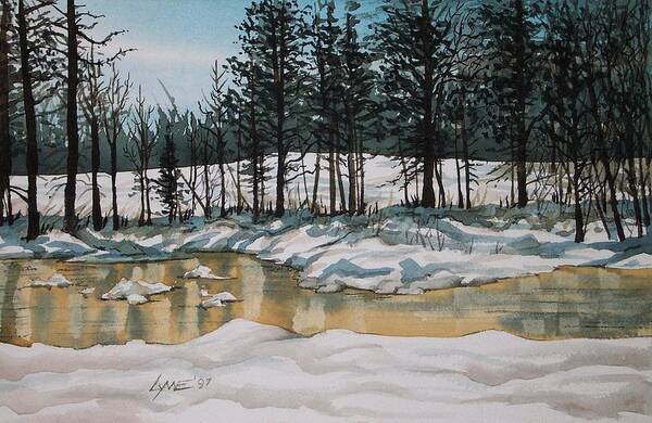 Winter Frozen Creek Scene Landscape Forest Water Snow Trees Shadows Art Print featuring the painting Turnbull Wild Life Refuge 2 by Lynne Haines