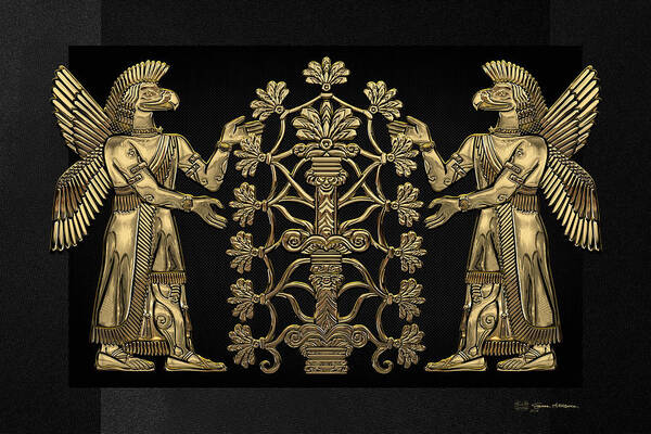 ‘treasures Of Mesopotamia’ Collection By Serge Averbukh Art Print featuring the digital art Two Instances of Gold God Ninurta with Tree of Life over Black Canvas by Serge Averbukh