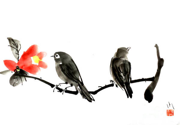 Japanese Art Print featuring the painting Two Little Birds by Fumiyo Yoshikawa