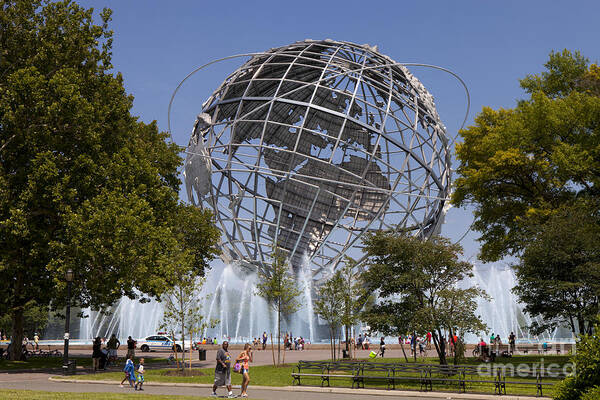 1964 1965 City Corona Day Daytime Earth Fair Flushing Fountain Globe Iconic Landmark Made Man Map Meadows Metal New Object Park Planet Queens Representation Science Sculpture Silver Spherical Stainless Steel Symbol Symbols Unisphere Water World Worlds York Art Print featuring the photograph Unisphere in Fushing Meadows Corona Park by Anthony Totah