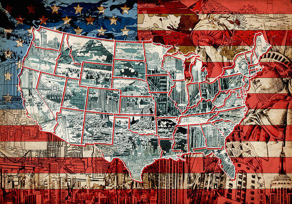 Map Art Print featuring the painting United States Drawing Collage Map 6 by Bekim M