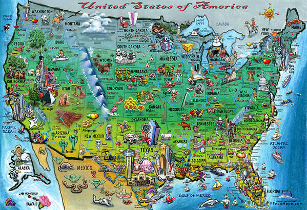 Usa Art Print featuring the digital art United States of America Fun Map by Kevin Middleton