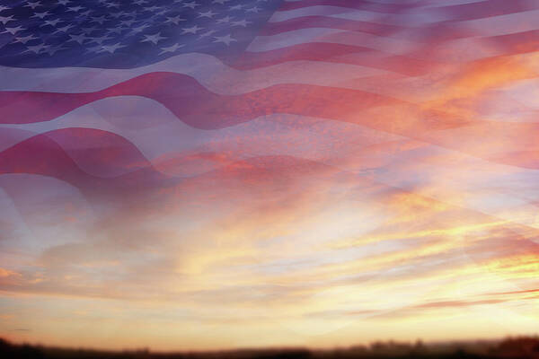 American Flag Art Print featuring the digital art U.S. flag in sky 1 by Les Cunliffe