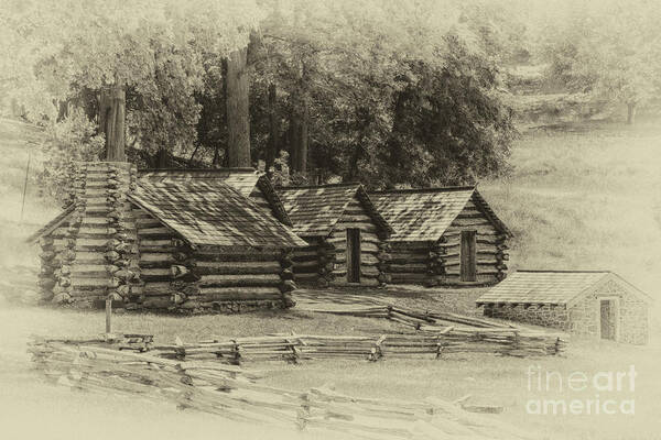 America Art Print featuring the photograph Valley Forge Barracks in Sepia by Tom Gari Gallery-Three-Photography