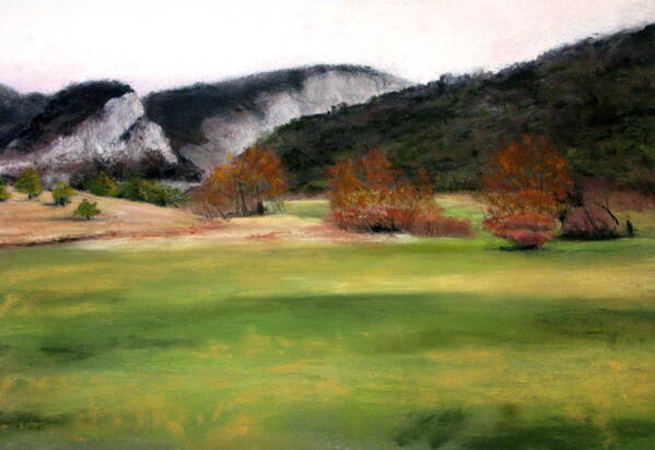 Warm Autmn Valley Art Print featuring the painting Valley Landscape Early Fall by Cindy Plutnicki