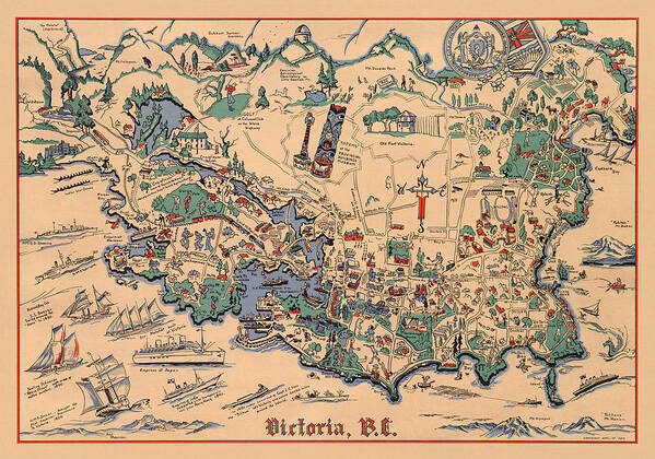 Victoria Art Print featuring the mixed media Victoria, British Columbia - Vintage Illustrated Map - Historical Map - Pictorial Map by Studio Grafiikka