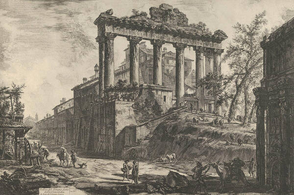 18th Century Art Art Print featuring the relief View of the so-called Temple of Concord with the Temple of Saturn, on the right the Arch of Septimiu by Giovanni Battista Piranesi