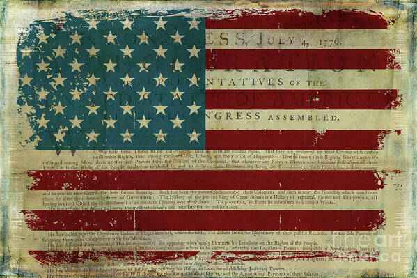 Patriotic Art Print featuring the painting Vintage American Flag Americana Declaration of Independence by Audrey Jeanne Roberts