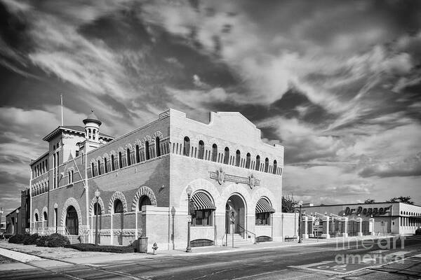 Black Art Print featuring the photograph Vintage Black and White Photograph of the Dr. Pepper Museum in Downtown Waco - Central Texas by Silvio Ligutti