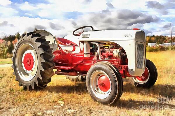 Ford Art Print featuring the painting Vintage Red and White Ford Farm Tractor Painting by Edward Fielding