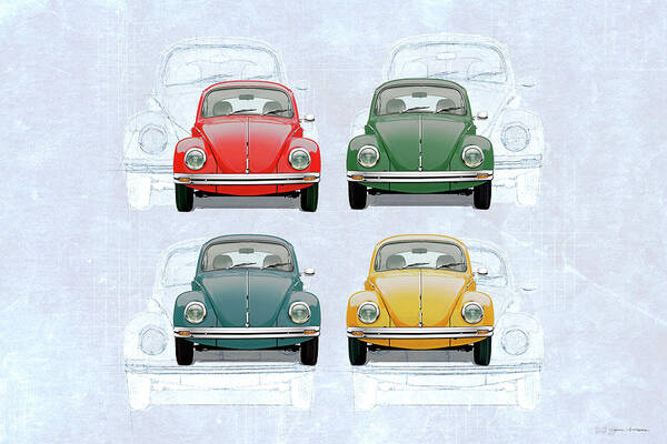 'volkswagen - Bugs And Buses' Collection By Serge Averbukh Art Print featuring the digital art Volkswagen Type 1 - Variety of Volkswagen Beetle on Vintage Background by Serge Averbukh