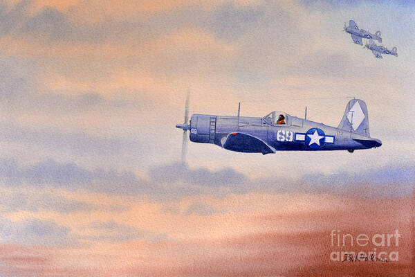 Vought F4u 1d Corsair Aircraft Art Print featuring the painting Vought F4U-1D Corsair Aircraft by Bill Holkham