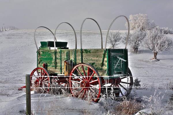 Wagon Wheels Red Wheels Hoare Frost Trees Snow Ice Fence Covered Wagon Art Print featuring the photograph Wagon by David Matthews