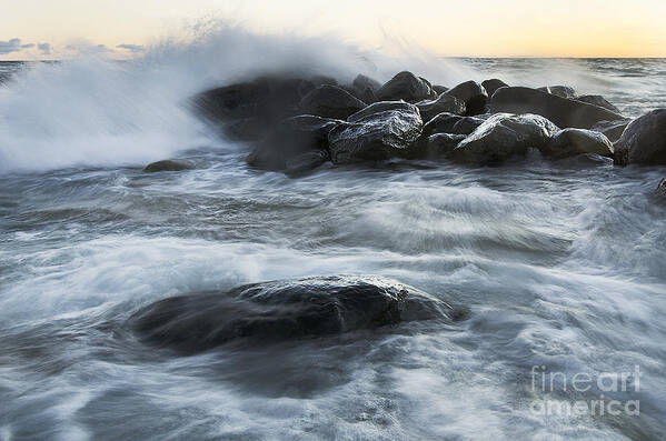 Wave Art Print featuring the photograph Wave Crashes Rocks 7835 by Steve Somerville