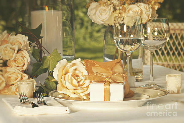 Arrangement Art Print featuring the photograph Wedding party favors on plate at reception by Sandra Cunningham