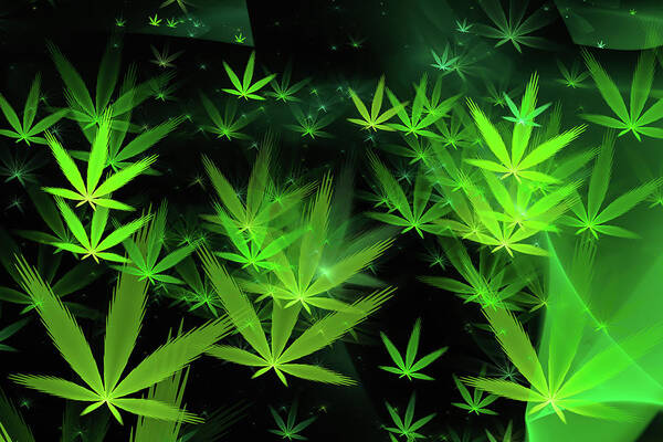 Weed Art Print featuring the digital art Weed art - green Cannabis symbols flying around by Matthias Hauser
