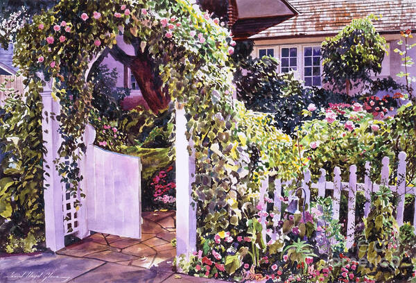Watercolor Gardens Art Print featuring the painting Welcome Rose Covered Gate by David Lloyd Glover