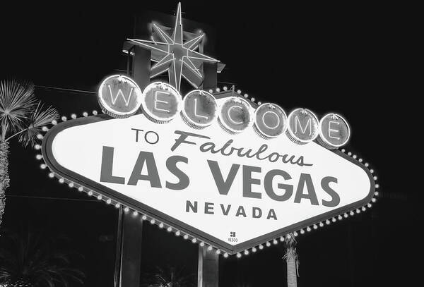 Las Vegas Sign Art Print featuring the photograph Welcome to Las Vegas Neon Sign - Nevada USA - Black and White by Gregory Ballos