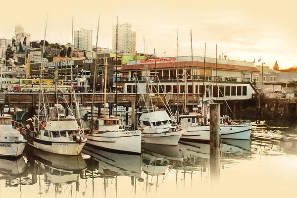Wharf Boats Near End Of Day Art Print featuring the photograph Wharf Boats Near End of Day by Bonnie Follett