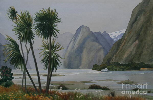 Milford Sound Art Print featuring the painting Windy Evening Milford Sound by Jan Lawnikanis