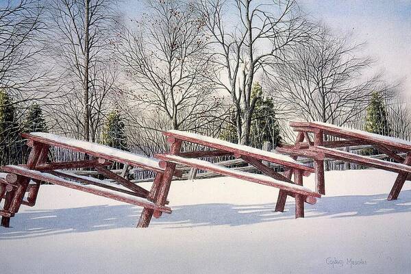 Park- Benches Art Print featuring the painting Winter in the Park by Conrad Mieschke