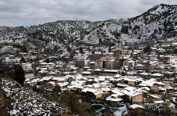 Winter Art Print featuring the photograph Winter mountain village landscape with snow by Michalakis Ppalis